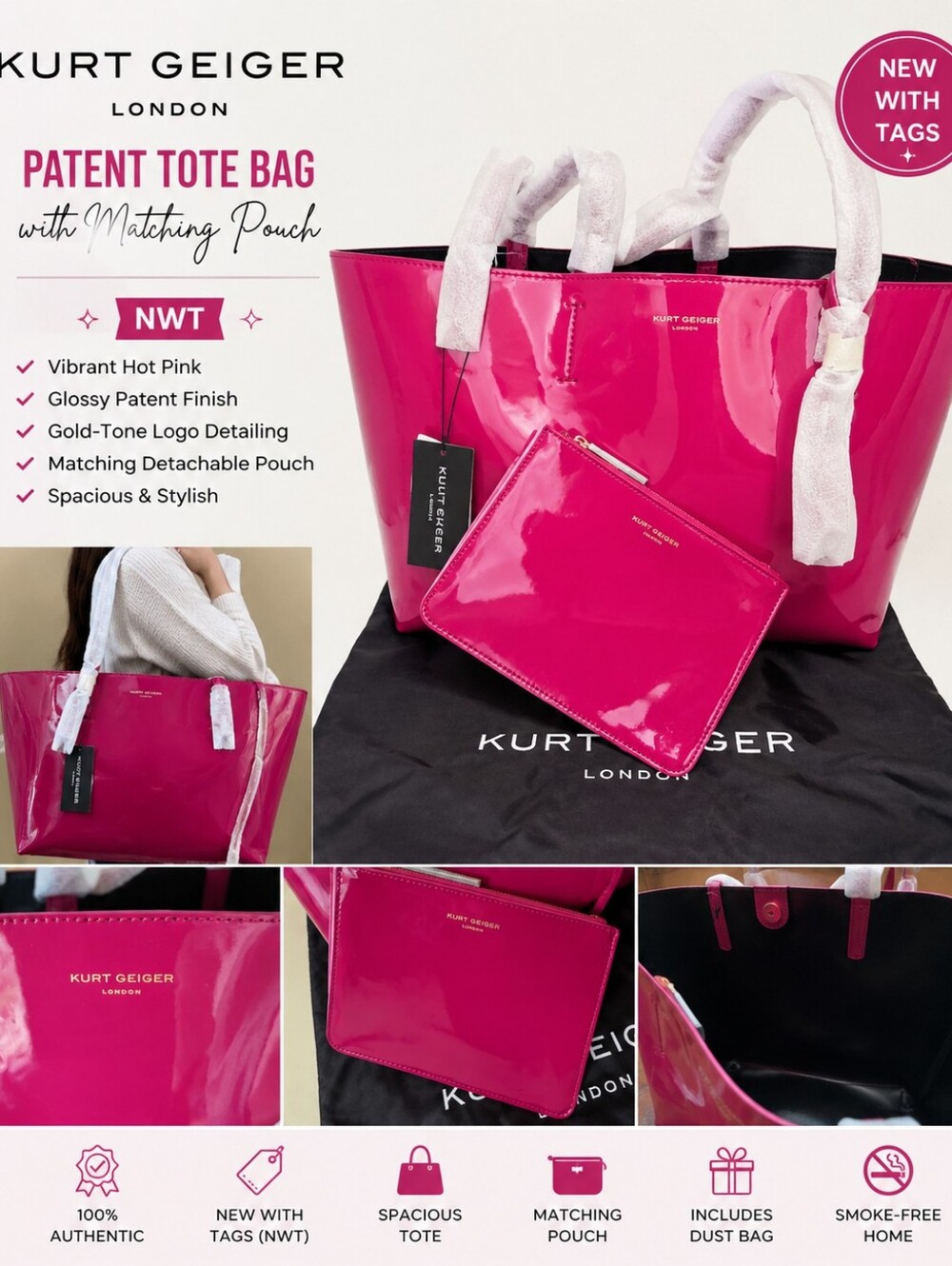 💕NWT Kurt Geiger London Patent Tote Bag with Matching Pouch | Hot Pink